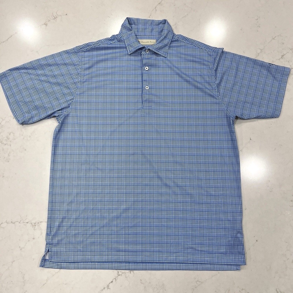 DONALD ROSS Mens Sz L Blue White Plaid Short Sleeve Golf Polo Shirt Nemacolin CC